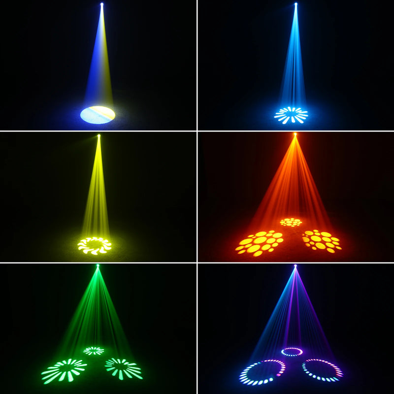 Lyre LED spot 120 W à gobos – six exemples de gobos et de faisceaux colorés