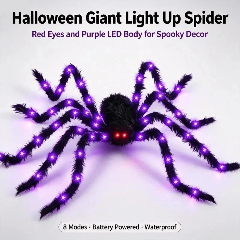 Araignée géante lumineuse – vue de face sur fond clair, yeux rouges et pattes violettes