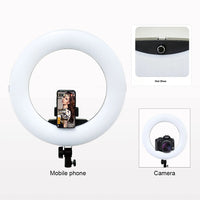 Anneau lumineux LED 45 cm – téléphone fixé au centre de l'anneau et appareil photo, avec la griffe