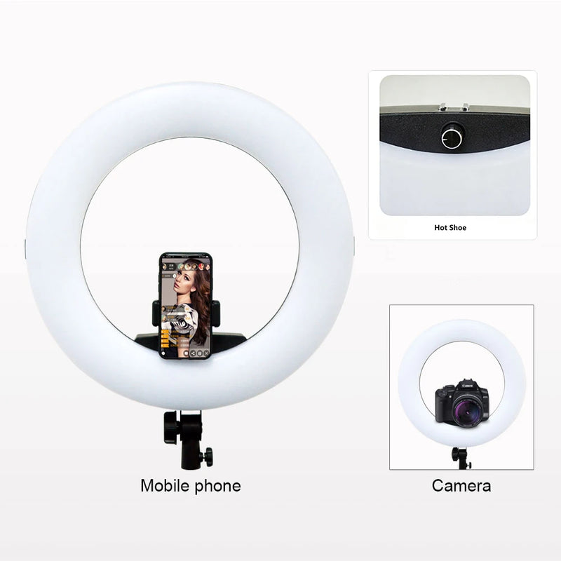 Anneau lumineux LED 45 cm – téléphone fixé au centre de l'anneau et appareil photo, avec la griffe