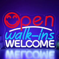 Enseigne néon Open Walk-Ins Welcome – modèle Open rouge avec smiley, walk-ins bleu, Welcome blanc