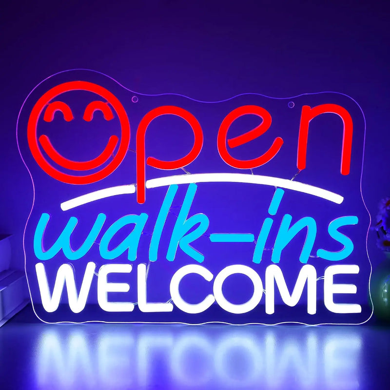 Enseigne néon Open Walk-Ins Welcome – modèle Open rouge avec smiley, walk-ins bleu, Welcome blanc