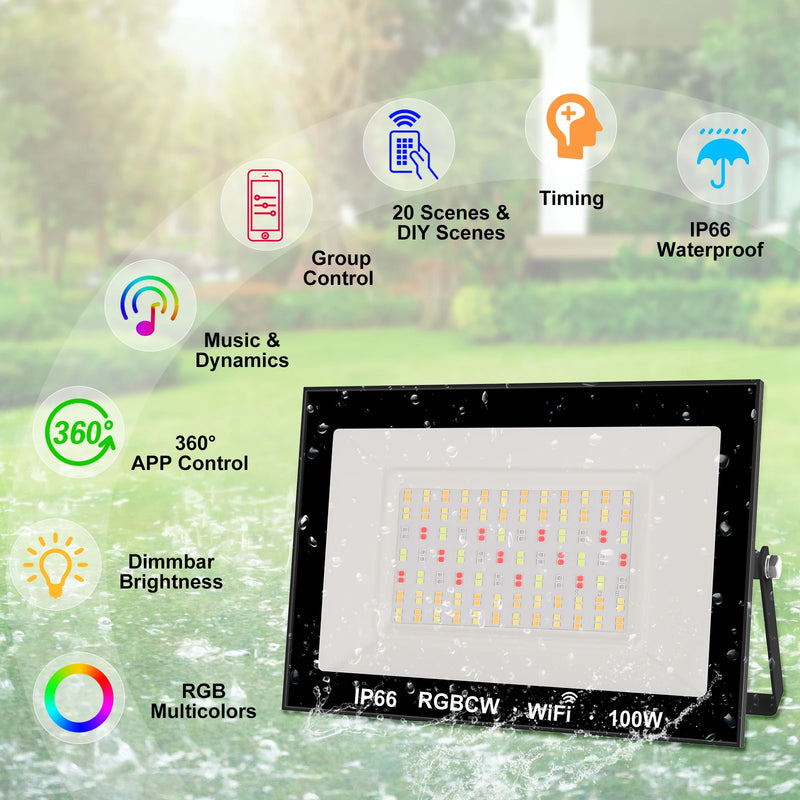 Projecteur LED extérieur ultra-mince 100 W RGB et blanc, télécommande et application