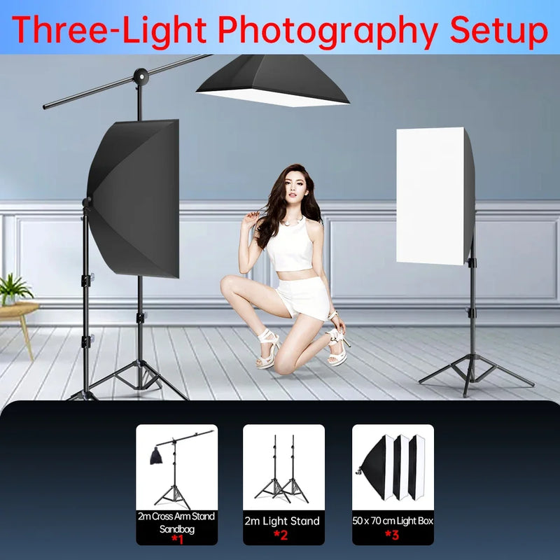Kit studio photo softbox 50x70 cm, pied 2m, 1 à 3 lumières