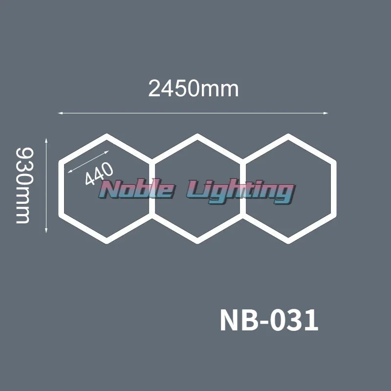 Éclairage LED nid d'abeille – configuration de 3 hexagones de 245 x 93 cm