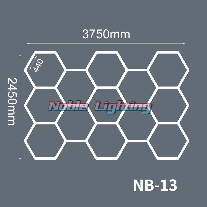 Plafonnier LED hexagonal – schéma du format 13 hexagones, 375 x 245 cm