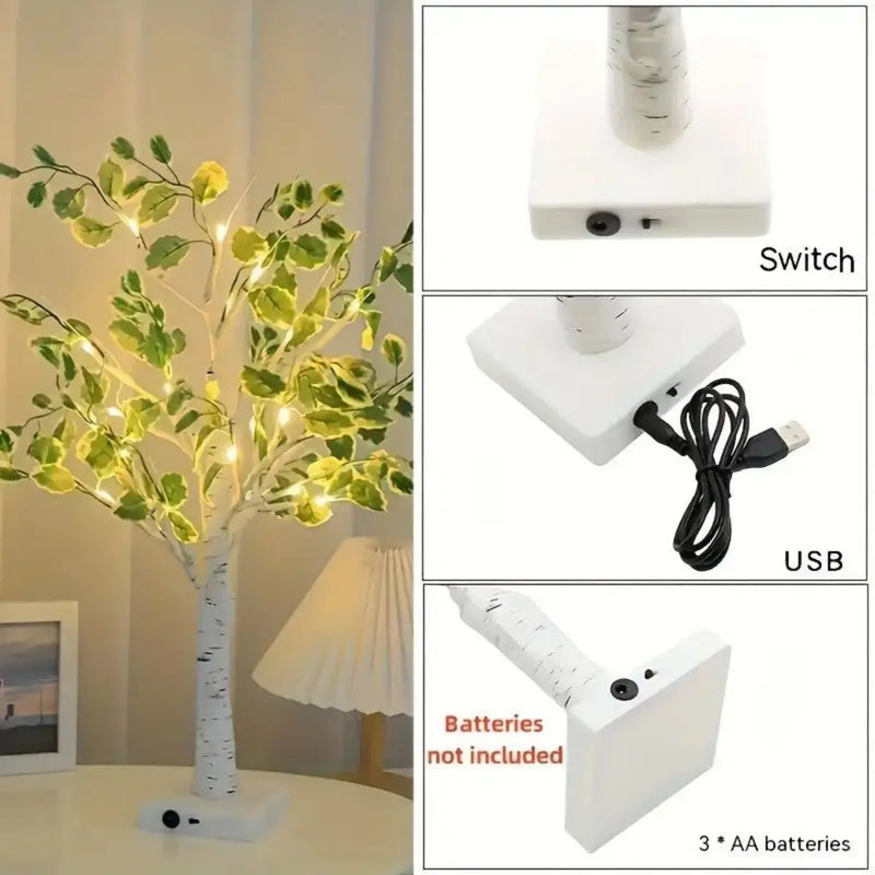 Arbre lumineux bouleau LED 61 cm – arbre allumé et détails : interrupteur, câble USB et compartiment à trois piles AA non fournies