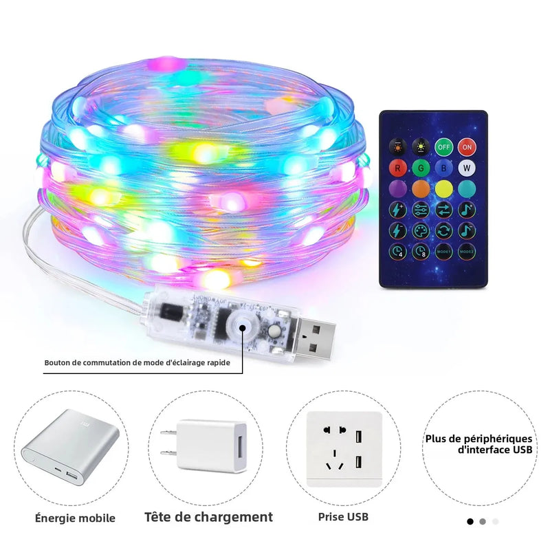 Guirlande féerique LED RGBIC Bluetooth – guirlande enroulée avec son embout USB, télécommande infrarouge représentée