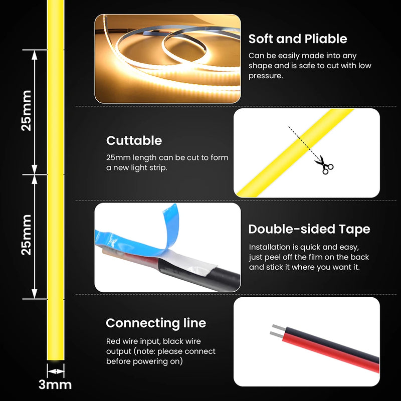 Bande LED COB ultra-fine – découpe tous les 25 mm, adhésif double face et fils