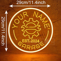 Néon garage personnalisé avec votre nom, engrenage, rond 29 cm, USB