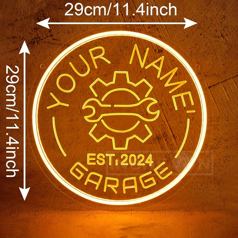 Néon garage personnalisé avec votre nom, engrenage, rond 29 cm, USB