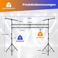 Structure truss portique DJ – dimensions : largeur 426 cm, poutre de 304 cm, barres en T de 122 cm, hauteur de 180 à 350 cm