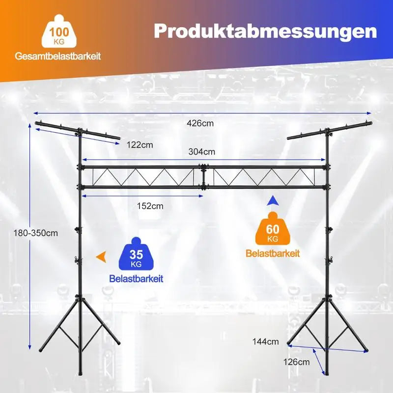 Structure truss portique DJ – dimensions : largeur 426 cm, poutre de 304 cm, barres en T de 122 cm, hauteur de 180 à 350 cm