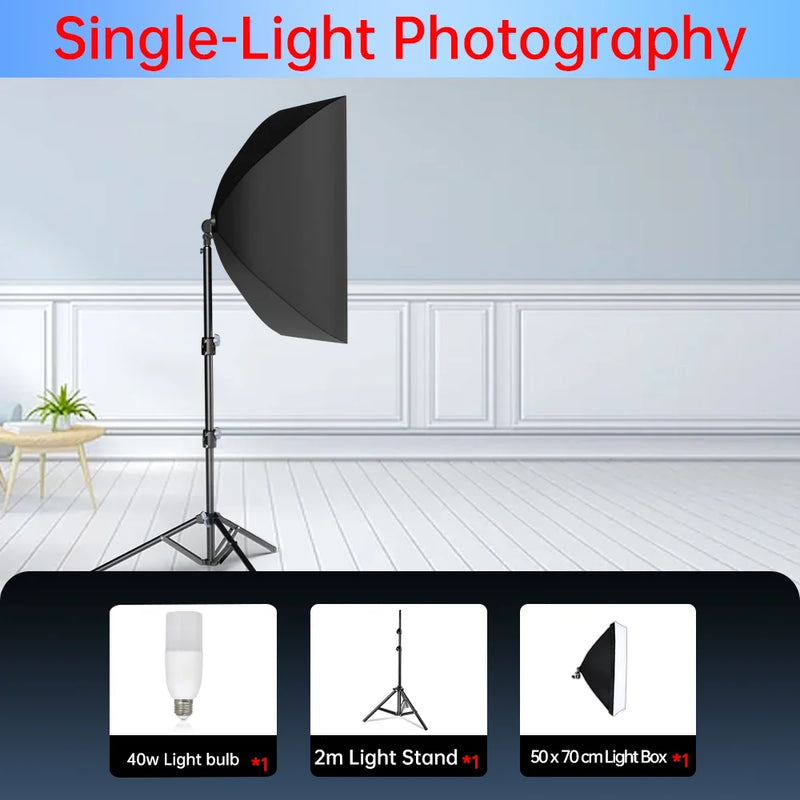 Kit studio photo softbox 50x70 cm, pied 2m, 1 à 3 lumières
