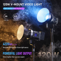 Lumière COB vidéo 120 ou 200 W bicolore ou RGB, application, V-Mount