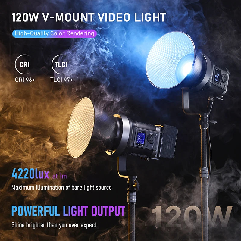 Lumière COB vidéo 120 ou 200 W bicolore ou RGB, application, V-Mount
