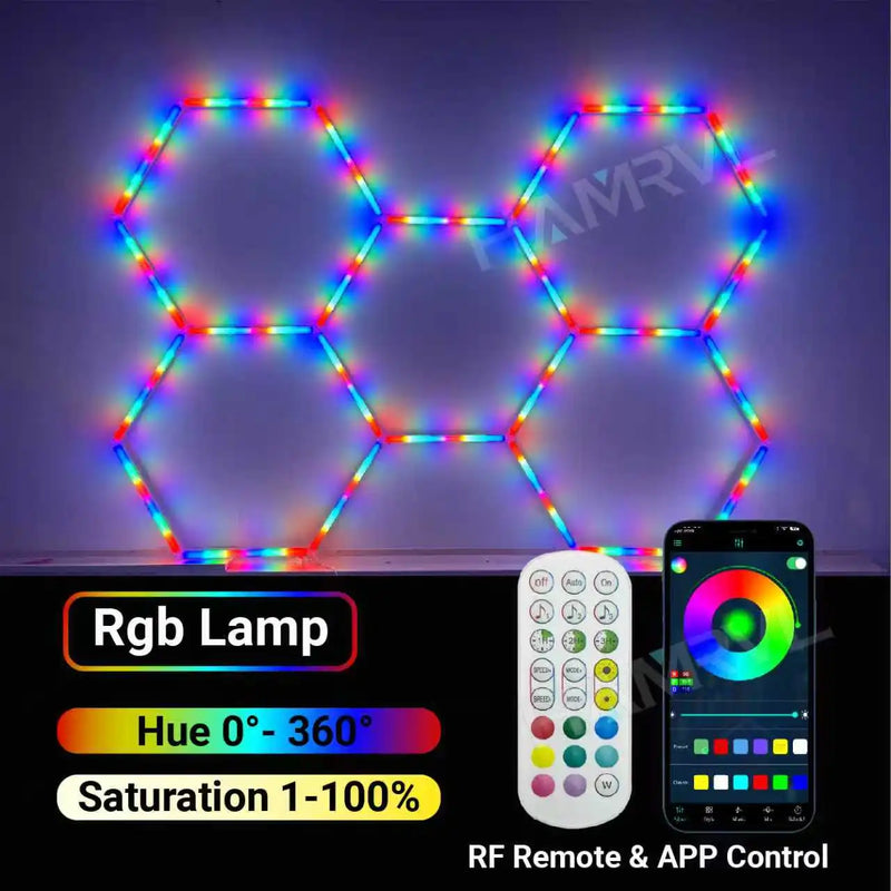 Éclairage LED hexagonal RGB pour garage, de 1 à 11 hexagones, application et télécommande