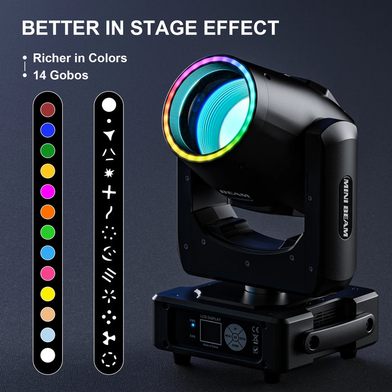 Lot de 2 lyres beam hybrides – roue de couleurs, roue de gobos et lyre à anneau LED allumé