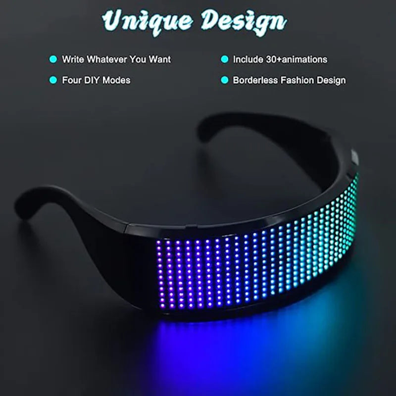 Lunettes LED programmables par application Bluetooth, 432 LED RGB, rechargeables USB