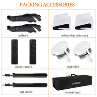 Kit softbox LED bicolore – contenu du kit : 2 softbox, 2 tissus diffuseurs, 2 télécommandes, 2 lampes, 2 pieds et 1 sac
