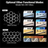 Éclairage LED hexagonal garage modulable, 1 à 25 hexagones, cadres et chevrons