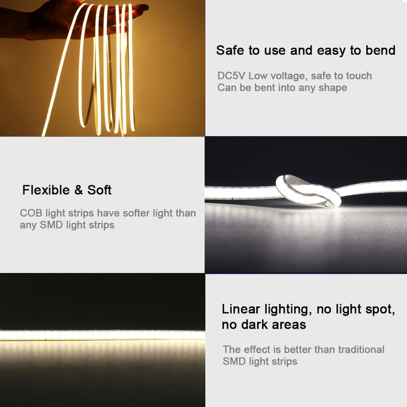 Ruban LED USB COB 5 mm – basse tension 5 V, souple et sans points
