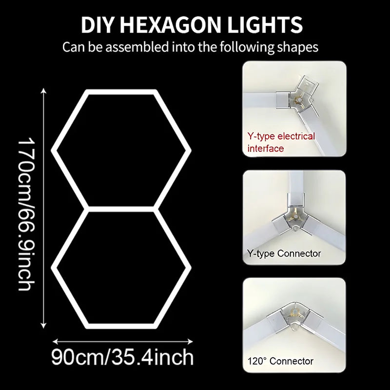 Éclairage LED hexagonal de garage – format de 2 hexagones de 90 x 170 cm