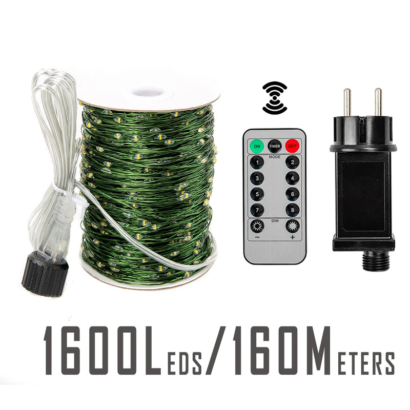 Guirlande fil vert – format 160 m, 1 600 LED avec boîtier d'alimentation et télécommande