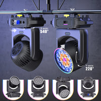 Lyre LED wash 220 W à 19 LED RGBW et bande LED – rotations de 540° et 220°, lyres suspendues sous une barre