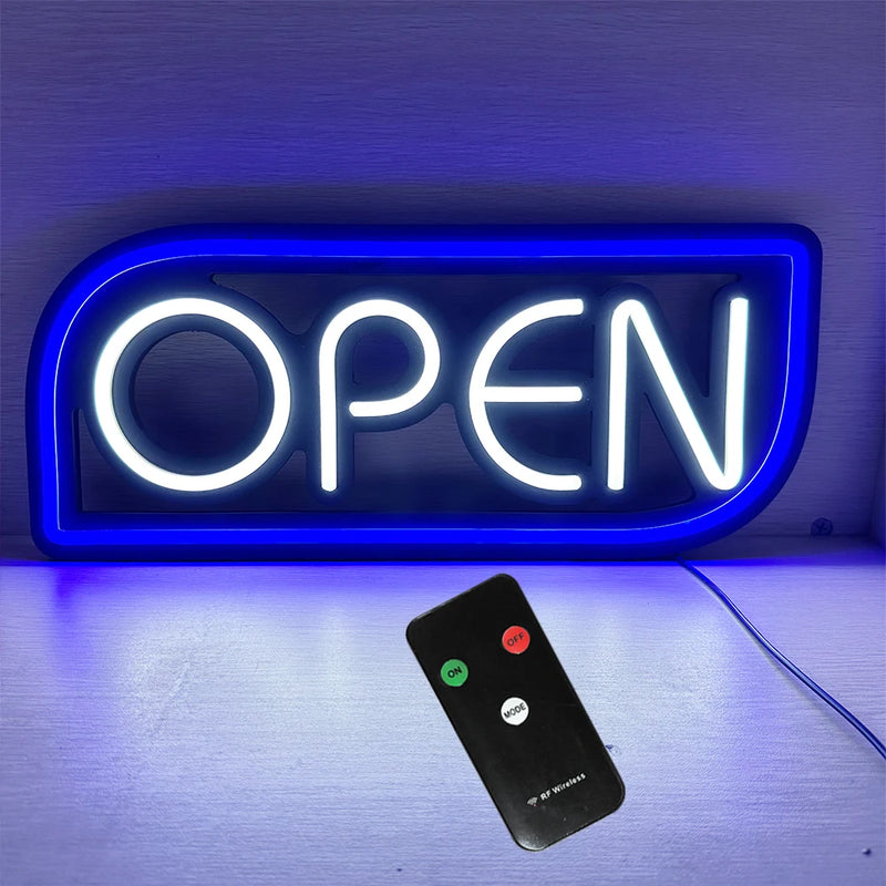 Panneau lumineux OPEN – modèle OPEN blanc, cadre bleu, 53 x 23 cm