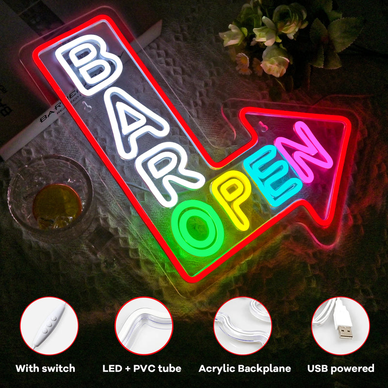 Enseigne néon BAR OPEN en flèche – mur de bar, seconde vue