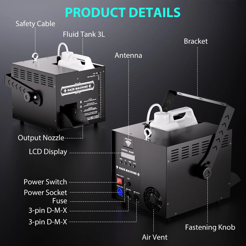 Machine à fumée 1000 W à brume fine – détails : réservoir de 3 L, afficheur LCD, sortie, connecteurs DMX et antenne