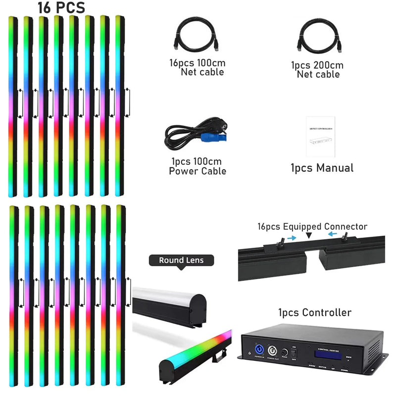 Tubes LED pixel DMX ArtNet – lot de 16 tubes à lentille ronde avec leurs accessoires