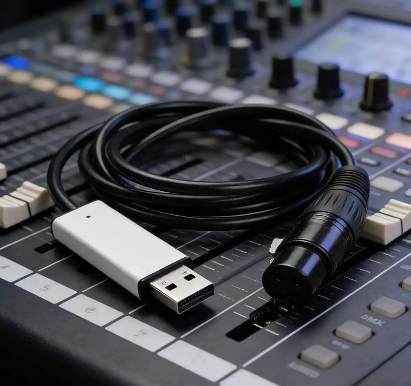Câble interface USB vers DMX512 – câble posé sur une console de mixage