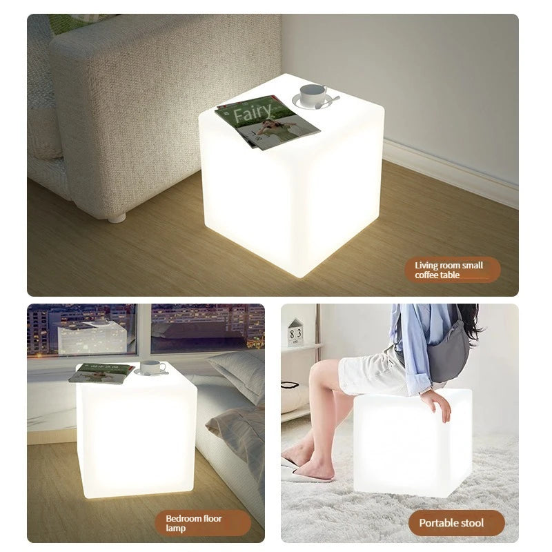 Cube lumineux LED – usages : table basse de salon, lampe de sol de chambre et tabouret portable