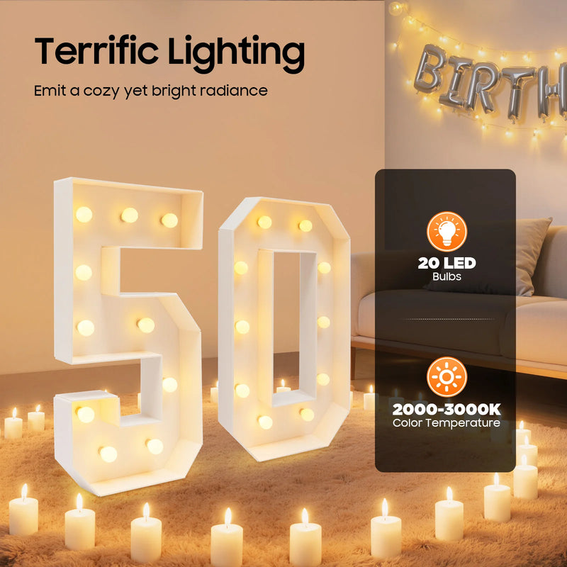 Chiffres lumineux géants 50 ans, 100 cm en carton mousse, à piles
