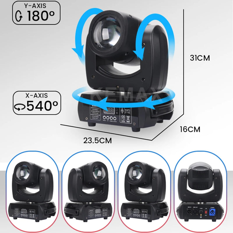 Mini lyre LED beam 100 W – dimensions et rotation de la tête, 540° en panoramique et 180° en inclinaison
