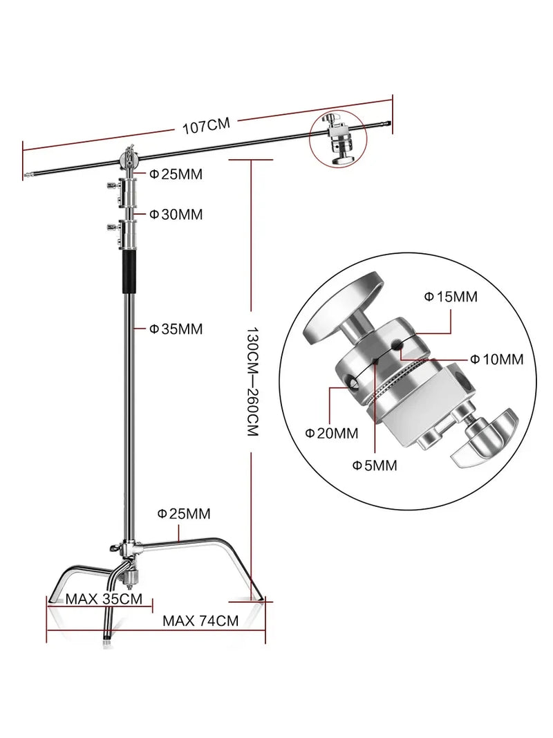 Pied C-stand inox – diamètres des sections du mât et détail de la tête