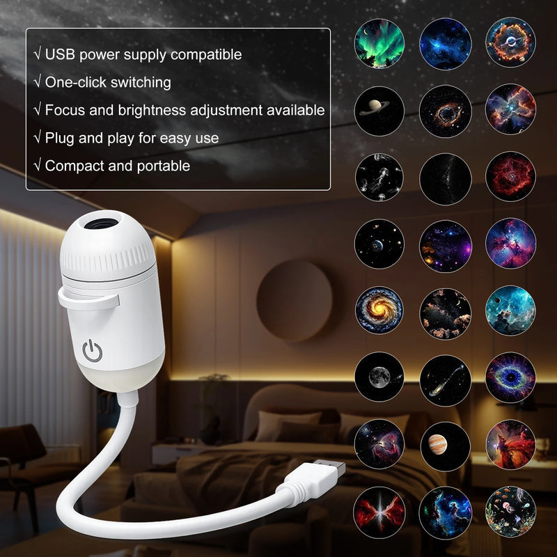 Mini projecteur d'étoiles galactiques USB – lampe dans une chambre avec la liste des fonctions et des films