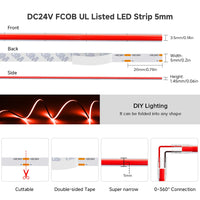 Ruban LED FCOB 480 LED/m – dimensions de la version 24 V 5 mm, découpe, adhésif et connexion