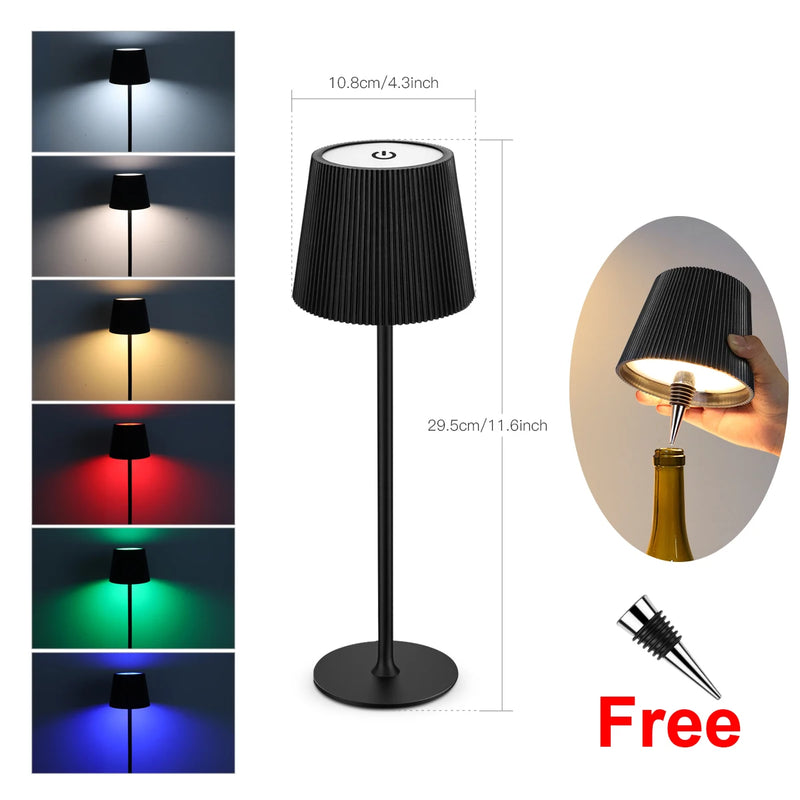 Lampe de table sans fil sur bouteille – version coque noire, RGB multicolore, avec dimensions