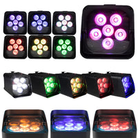 Uplight PAR LED sur batterie – faces à six LED allumées en violet, rouge, ambre, vert et blanc