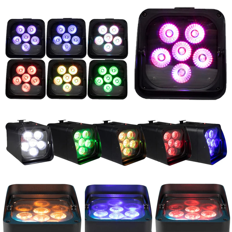 Uplight PAR LED sur batterie – faces à six LED allumées en violet, rouge, ambre, vert et blanc