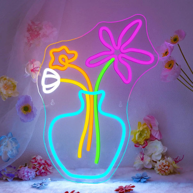 Enseigne néon fleuriste FLOWERS OPEN – modèle vase de fleurs bleu