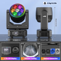 Lyre LED zoom 300 W œil d'abeille, 7 LED RGBW de 30 W et anneau RVB, DMX 30, 42 ou 58 canaux
