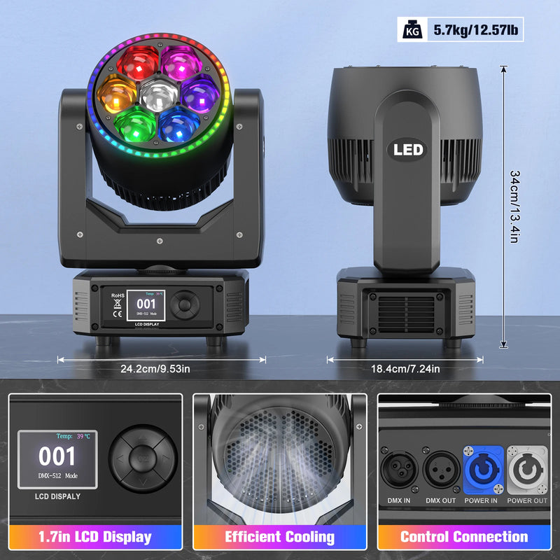 Lyre LED zoom 300 W œil d'abeille, 7 LED RGBW de 30 W et anneau RVB, DMX 30, 42 ou 58 canaux
