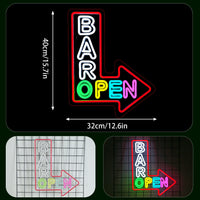 Enseigne néon BAR OPEN en flèche – dimensions, seconde vue