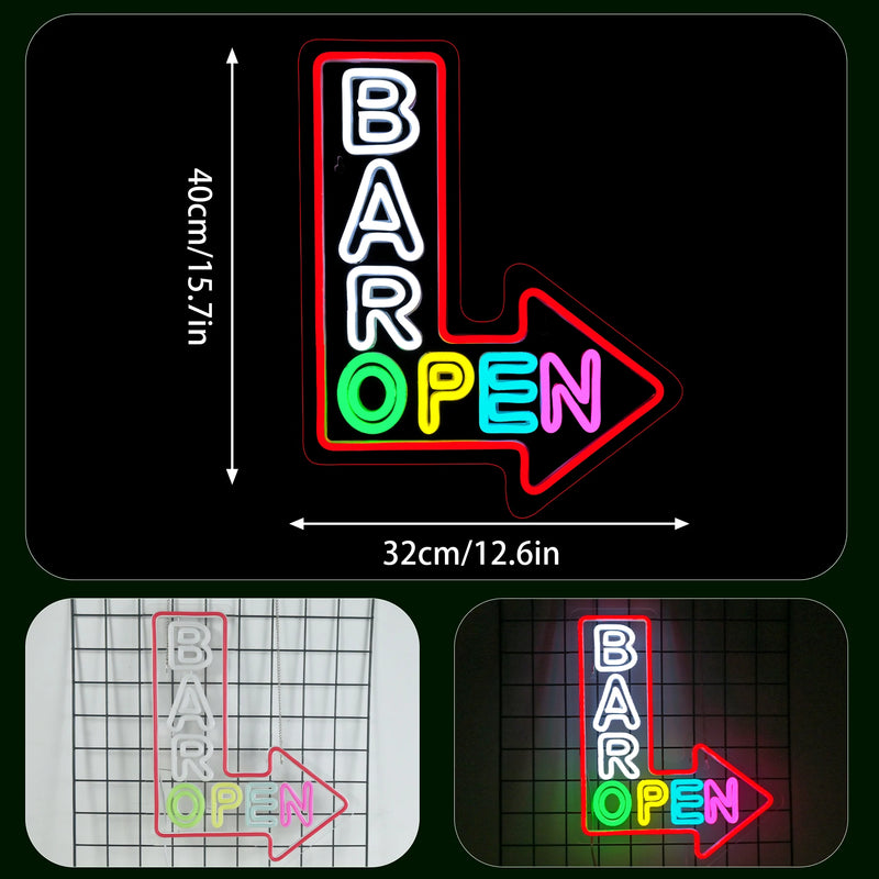 Enseigne néon BAR OPEN en flèche – dimensions, seconde vue