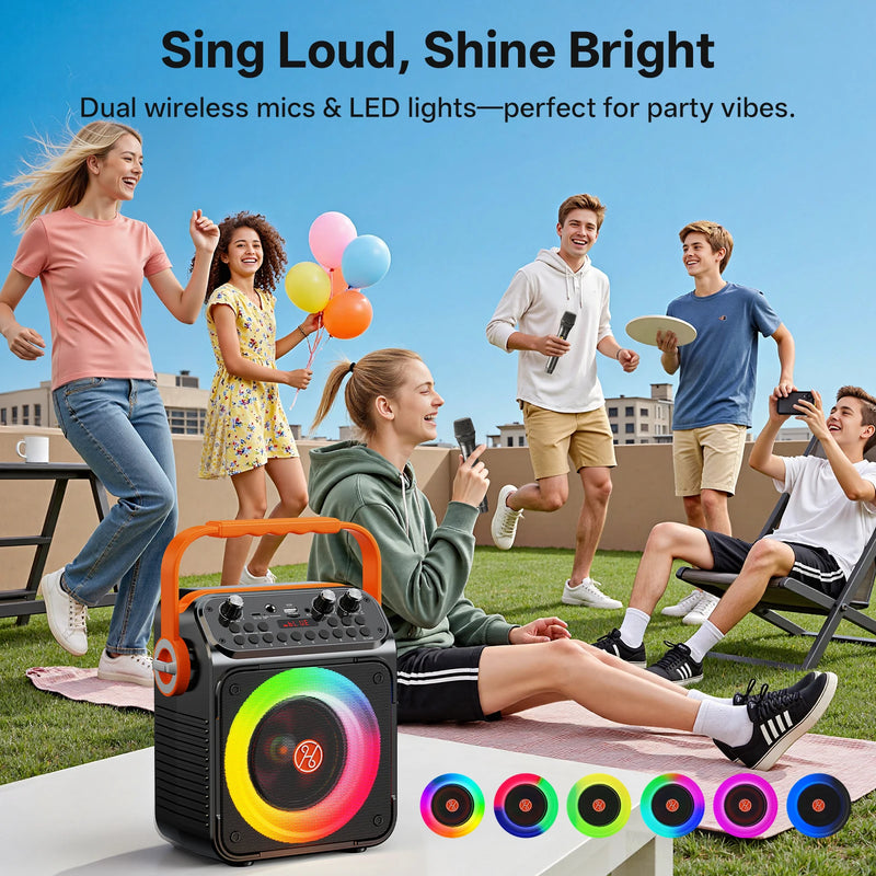 Enceinte karaoké familiale – enceinte lumineuse pendant une fête avec micros sans fil