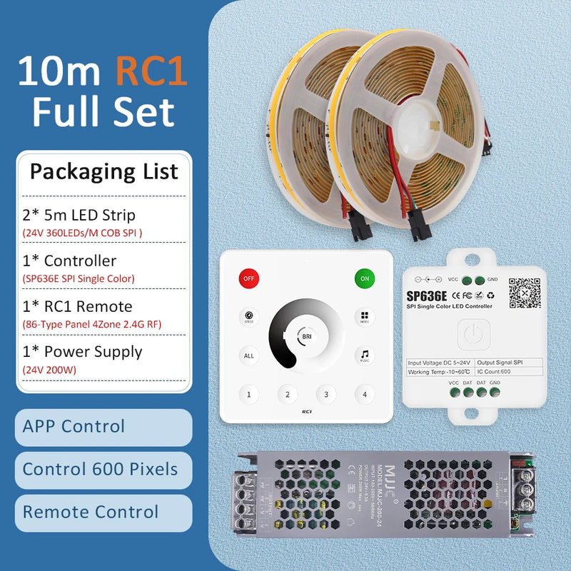 Ruban LED COB 24 V – contenu du kit de 10 m avec panneau tactile mural